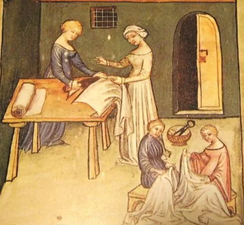 Four women sewing linen clothes. From The Tacuinum Sanitas of Vienna, late 14th century