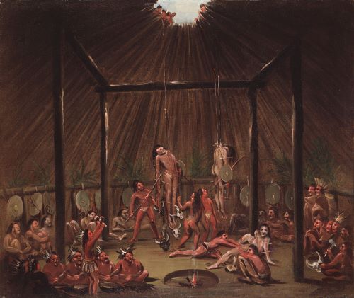 Awakening and Renewal: The Traditional Sun Dance of the Plains Indians 12 The Cutting Scene, Mandan O-kee-pa Ceremony, oil on canvas by George Catlin, 1832