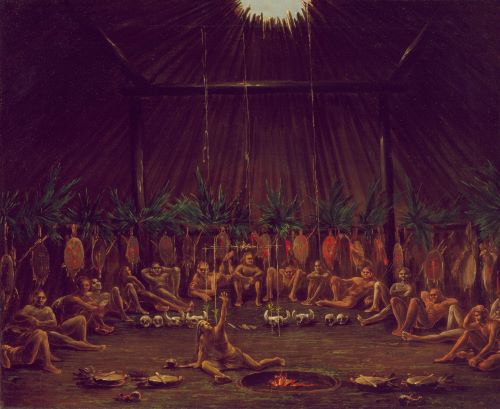 Awakening and Renewal: The Traditional Sun Dance of the Plains Indians 13 Interior View of the Medicine Lodge, Mandan O‑kee-pa Ceremony, oil on canvas by George Catlin, 1832