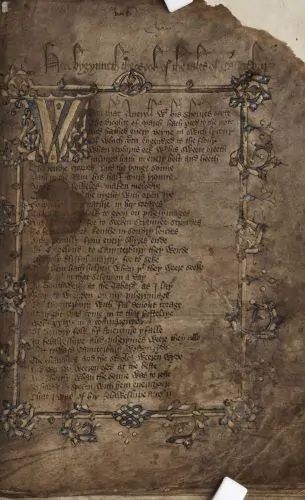 Title page of Geoffrey Chaucer's Canterbury Tales in the hand of "Scribe B", identified as Adam Pinkhurst, c.1400.