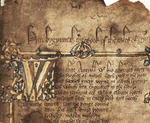 The first lines from the General Prologue at the opening folio of the Hengwrt manuscript