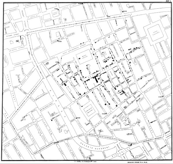 Original map by John Snow showing the clusters of cholera cases in the London epidemic of 1854.
