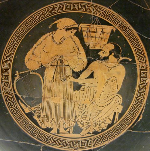 Sacred and Profane: Prostitution and Power in Ancient Greece 14 A banquet musician reties her himation (long garment) as her client watches. Tondo from an Attic red-figured cup, c. 490 BCE