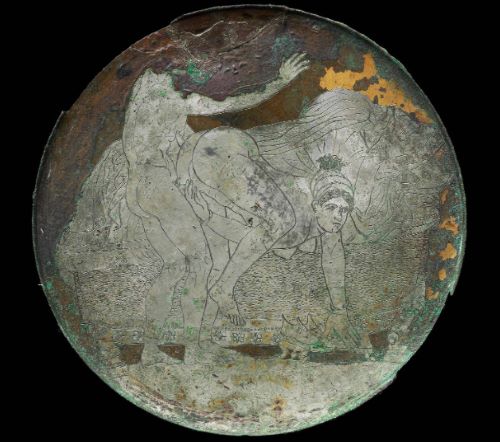 Sacred and Profane: Prostitution and Power in Ancient Greece 15 Mirror Cover with Eros and erotic scene originally from Corinth