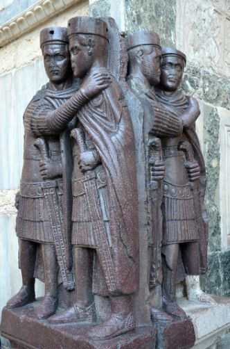 Porphyry sculpture portraying the four Tetrarchs (Diocletian, Maximianus, Galerius and Constantius Chlorus) embracing
