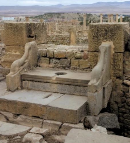 Loo with a view: an ancient Roman public latrine in the ruins of Timgad, Algeria.