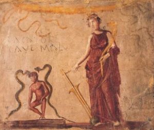 The Roman goddess Fortuna (right) was believed to protect latrine users from dangers. An inscription on this fresco from Pompeii warns toilet users to beware.