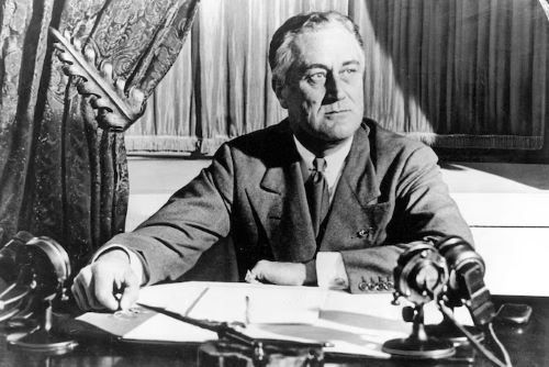 President Franklin D. Roosevelt delivers his first radio “fireside chat” in Washington in March 1933.