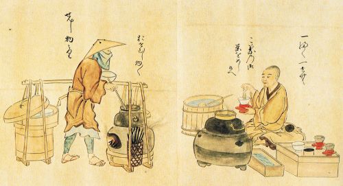 A print showing Japanese tea vendors. Edo Period, c. 1846, print from a 1632 original