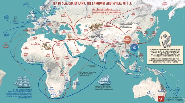 This map shows the phenomena of the movement of tea, and what it's called around the globe.