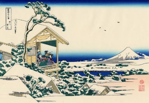 An illustration by Hokusai: the Tea House at Koishikawa from '36 Views of Mount Fuji.' 1830 CE