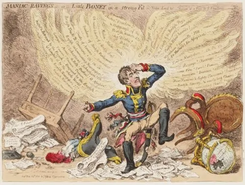 James Gillray, Maniac-raving’s, or, Little Boney in a strong fit vide Lord W-, account of a visit to [the] Thuilleries, 1803
