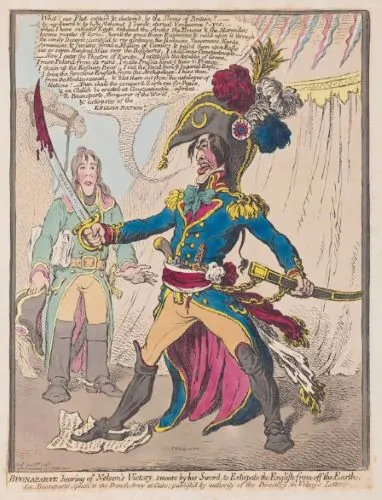 James Gillray, Buonaparte, hearing of Nelson’s victory, swears by his sword to extirpate the English from off the Earth, 1798