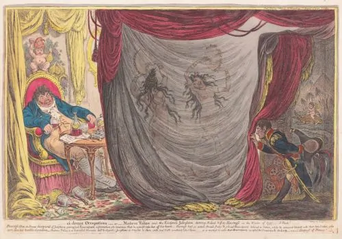 James Gillray, Ci-devant occupations, or, Madame Talian and the Empress Josephine dancing naked before Barrass in the winter of 1797, 1805