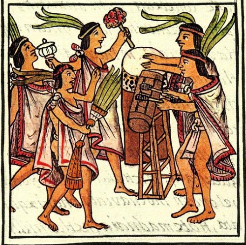 A drawing from the 16th century Florentine Codex showing a One Flower ceremony with a teponaztli (foreground) and a huehuetl (background)