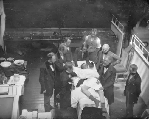 Re-enactment of the first public demonstration of general anesthesia by William T. G. Morton on October 16, 1846, in the Ether Dome at Massachusetts General Hospital, Boston