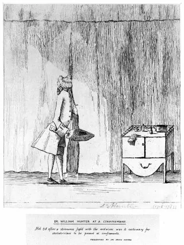 18th-century etching of William Hunter attending a pregnant woman