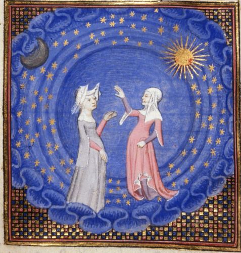 Christine and the Sybil pointing to a ladder from the heavens, from the Book of the Queen, France (Paris), c. 1410-1414