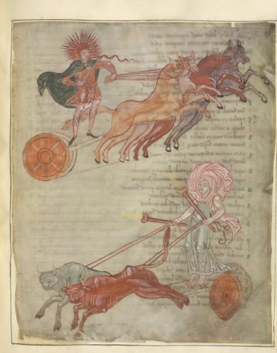 The chariots of the sun and the moon, from a scientific miscellany, Southern England, c. 1030-1060