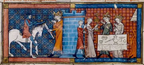 Perceval arrives at the Grail Castle to be greeted by the Fisher King in an illustration for a 1330 manuscript of Perceval, the Story of the Grail