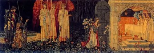 Galahad, Bors and Percival achieve the Grail. Tapestry woven by Morris & Co. (19th century)