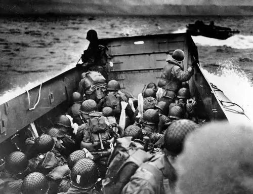 Members of E Company of the 16th Infantry Regiment approach the Normandy beaches in the first wave of the D-Day invasion