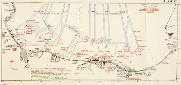 A map of the plans for D-Day landings shows the 16th Regiment’s assignment on the eastern side of Omaha Beach, in Normandy, France