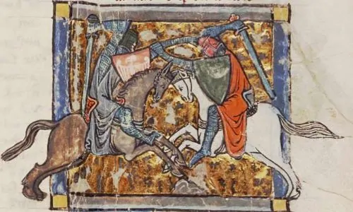 Yvain fighting Gawain in order to regain the love of his lady Laudine