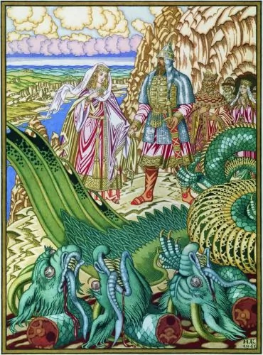 A knight rescues a lady from a dragon
