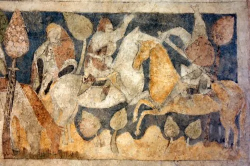 A 14th-century Polish fresco at Siedlęcin Tower depicting Lancelot fighting the evil knight Turquine in a scene from the French Lancelot-Grail
