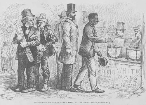 A Right Deferred: African American Voter Suppression after Reconstruction 2 "The Georgetown Elections - The Negro at the Ballot Box", Illustration by Thomas Nash, printed in Harper's Weekly, March 16, 1867
