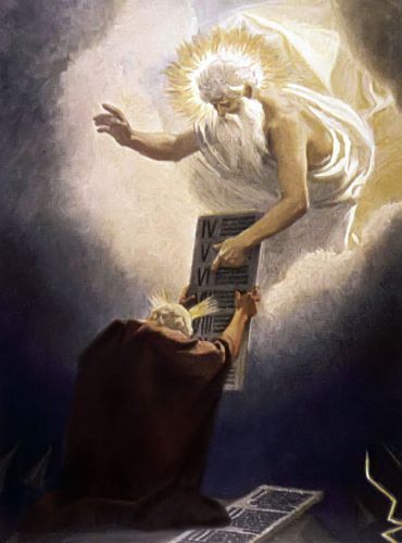 A c. 1900 CE oil painting by Gebhard Fugel depicting Moses receiving the Ten Commandments from God on Mt. Sinai