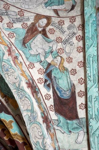 Enoch is taken up to heaven, chalk painting by Albertus Pictor (1440-1507) in Trave 2 of Härkeberga Church, Enköping, Sweden