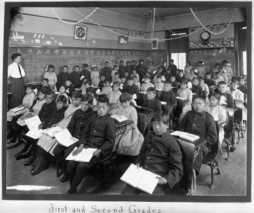 The Horrors and Lasting Legacy of Native American Boarding Schools 4 First- and second-grade students sit in a classroom at the former Genoa Indian Industrial School in Genoa, Neb