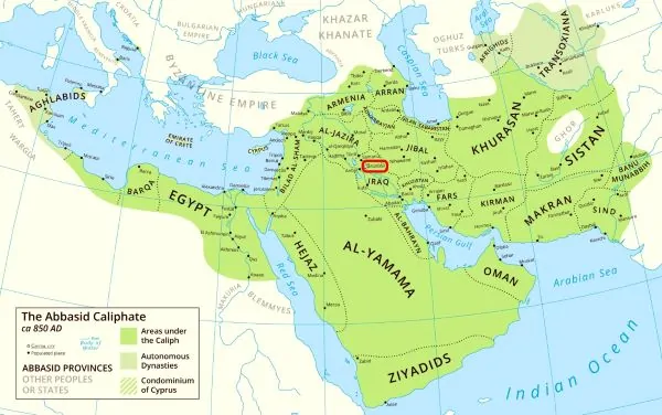 A map of the Abbasid Caliphate around 850 C.E., with Baghdad circled in red