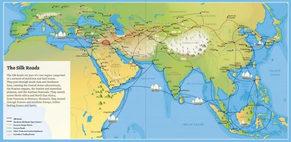The Silk Roads (trade routes across Asia, and into Europe) with Baghdad circled
