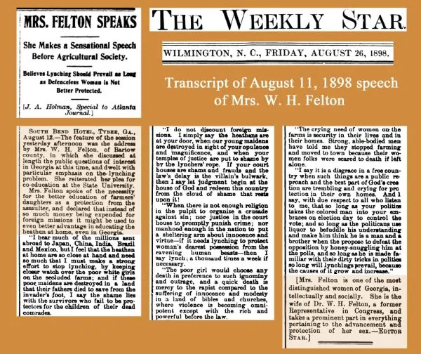 On August 11, 1898, Felton delivered a speech
