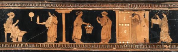 Attic red-figured pyxis with women at home