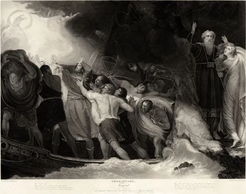 The shipwreck in The Tempest, Act I, Scene 1, in a 1797 engraving by Benjamin Smith after a painting by George Romney