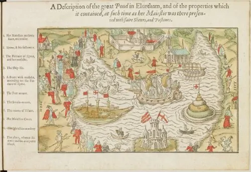 Hand-colored woodcut depicting the water pageant at Elvetham, The Honourable Entertainment Given to the Queenes Majestie in Progresse at Eluetham in Hampshire, 1591