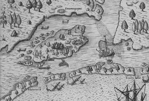 ‘The Arrival of the Englishmen in Virginia’, Thomas Hariot, A Briefe and True Report of the New Found Land of Virginia (Frankfurt: Typis Ioannis Wecheli, 1590),