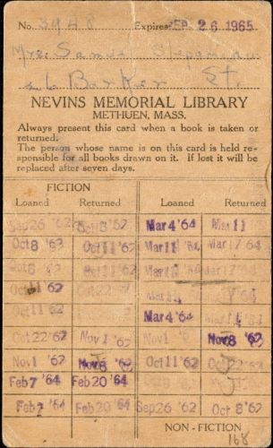 A History of Public Libraries in the United States from the 18th Century 43 A patron's library card for the Nevins Memorial Library, 1962