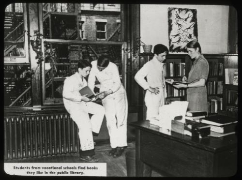 A History of Public Libraries in the United States from the 18th Century 44 With help from a reference librarian, students from vocational schools find books they like in the public library, June 1938.