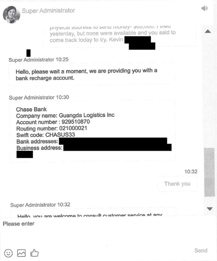 An excerpt from Kevin’s chat log with the purported 3A trading site shows how the scammers, claiming to be customer service reps, directed him to wire funds to companies other than 3A with accounts at Chase.