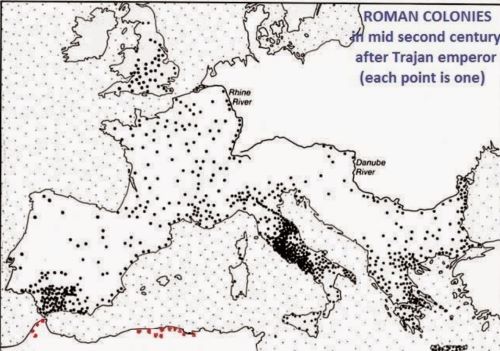 Map showing the "Roman coloniae" in the second century, after Trajan.