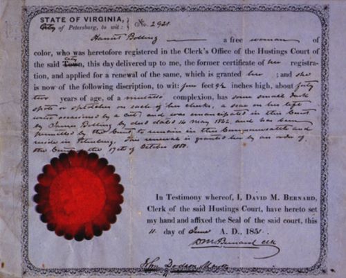 Freedom document for Harriet Bolling in 1842.