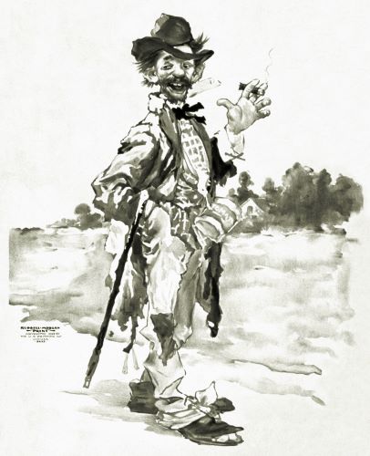 A romanticized tramp depicted in an 1899 U.S. poster.