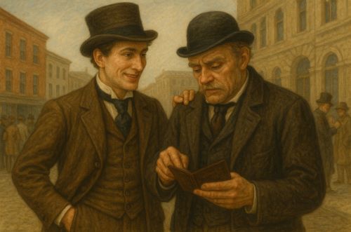19th century con men image created by Brewminate with AI.