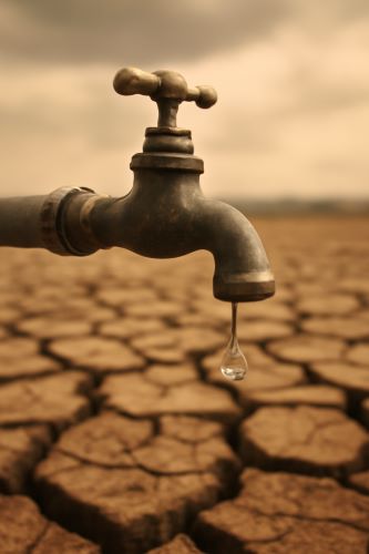 Water tap and parched land image created by Brewminate with AI.