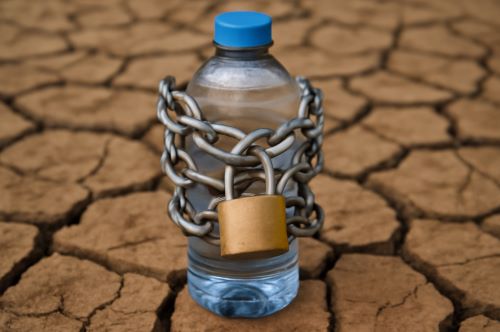 Image of a water bottle in a desert created by Brewminate with AI.